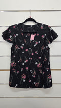 Portmans, Black Floral, Blouse with Pink Floral Print & Ruffle Cap Sleeves – 10