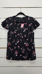 Portmans, Black Floral, Blouse with Pink Floral Print & Ruffle Cap Sleeves – 10