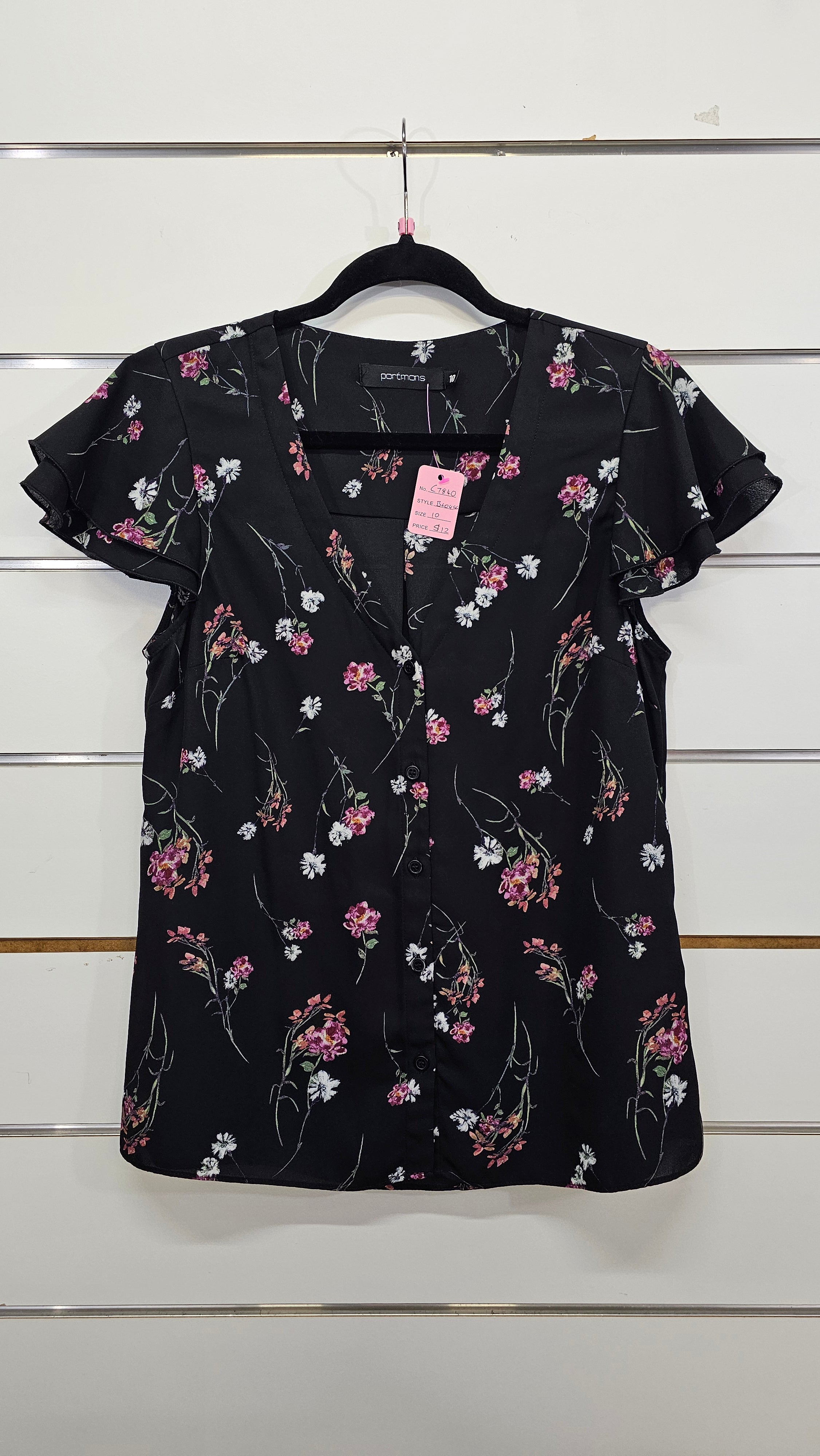 Portmans, Black Floral, Blouse with Pink Floral Print & Ruffle Cap Sleeves – 10