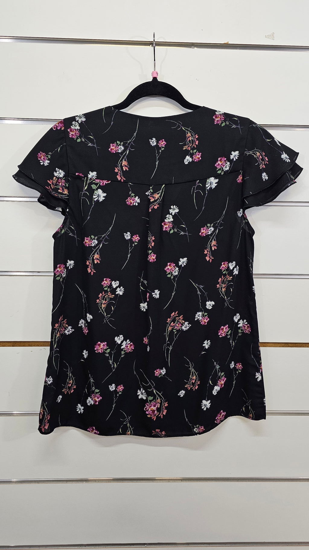 Portmans, Black Floral, Blouse with Pink Floral Print & Ruffle Cap Sleeves – 10