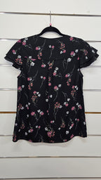Portmans, Black Floral, Blouse with Pink Floral Print & Ruffle Cap Sleeves – 10