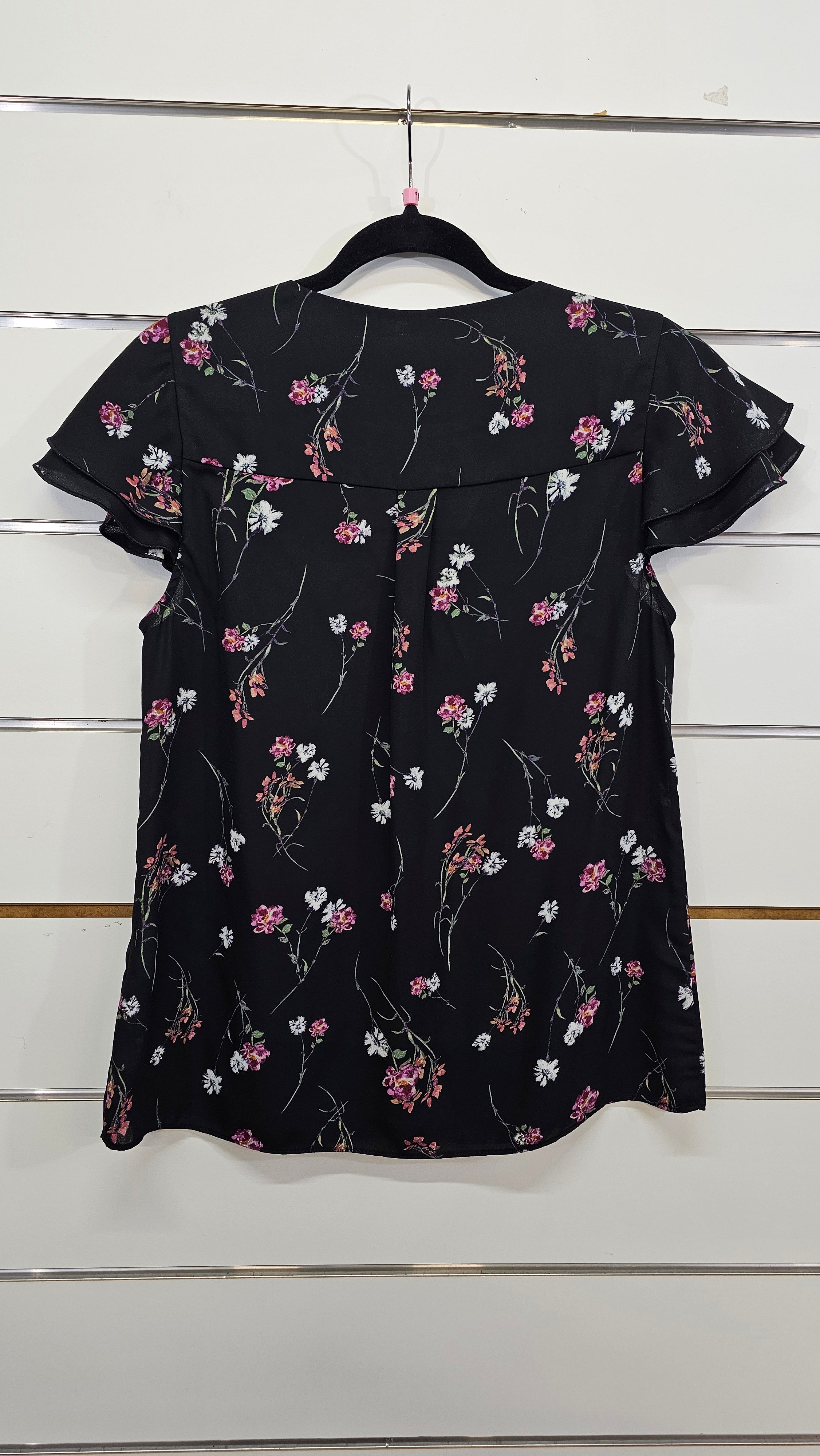 Portmans, Black Floral, Blouse with Pink Floral Print & Ruffle Cap Sleeves – 10