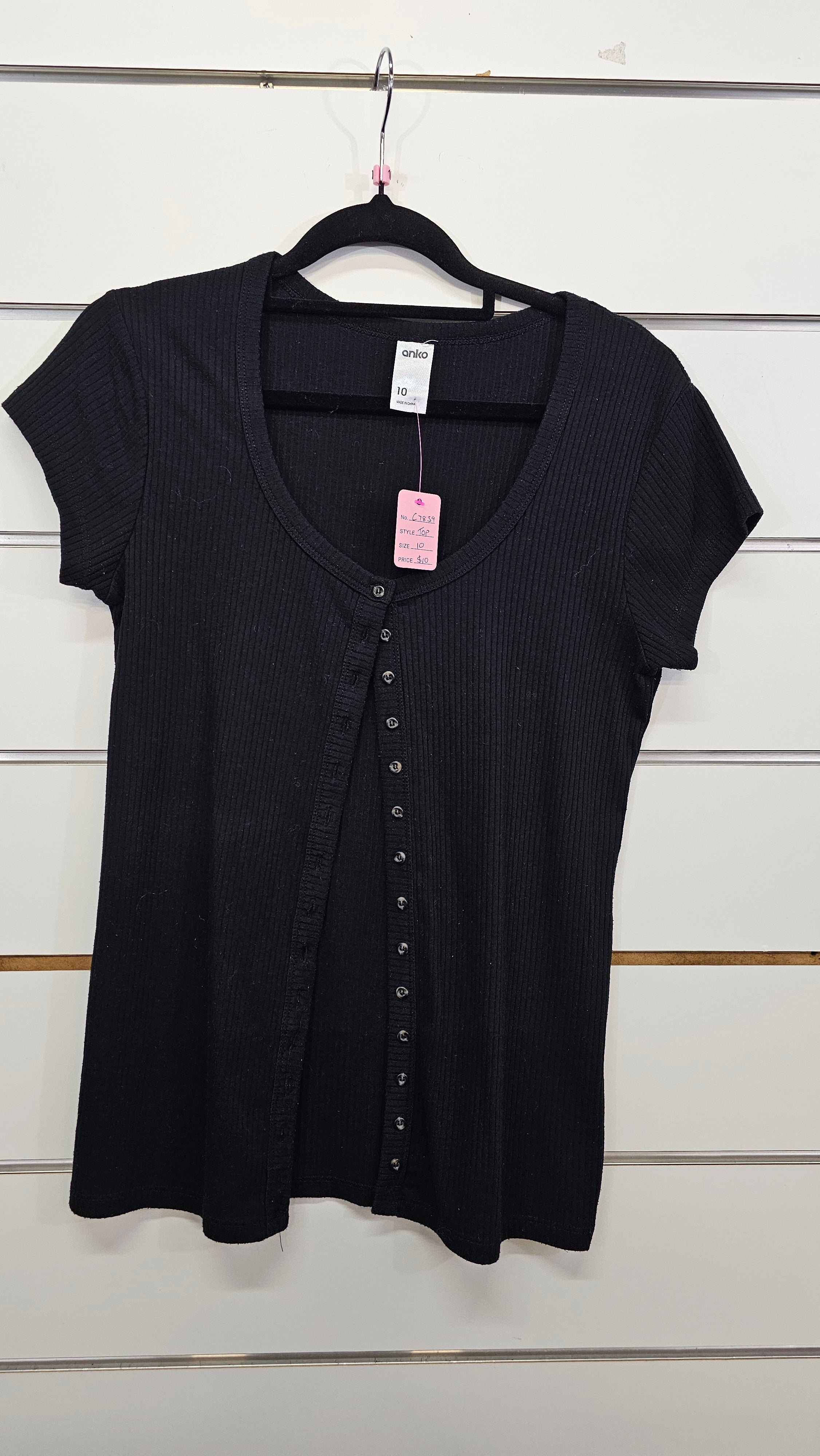 Anko, Black, Round Neck Button Front Rib Top – 10