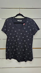 Just Jeans, Black/Silver, V-Neck T-Shirt with Silver Flower – S