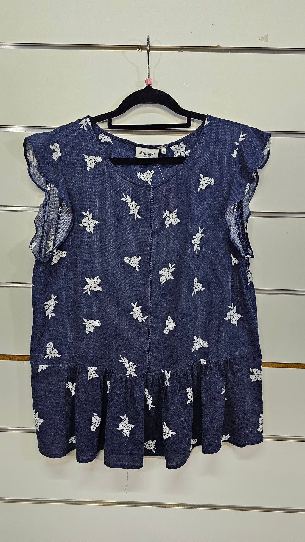 Jeans West, Navy/White, Floral Cap Sleeve Top with Ruffle Bottom – 10