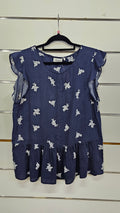 Jeans West, Navy/White, Floral Cap Sleeve Top with Ruffle Bottom – 10