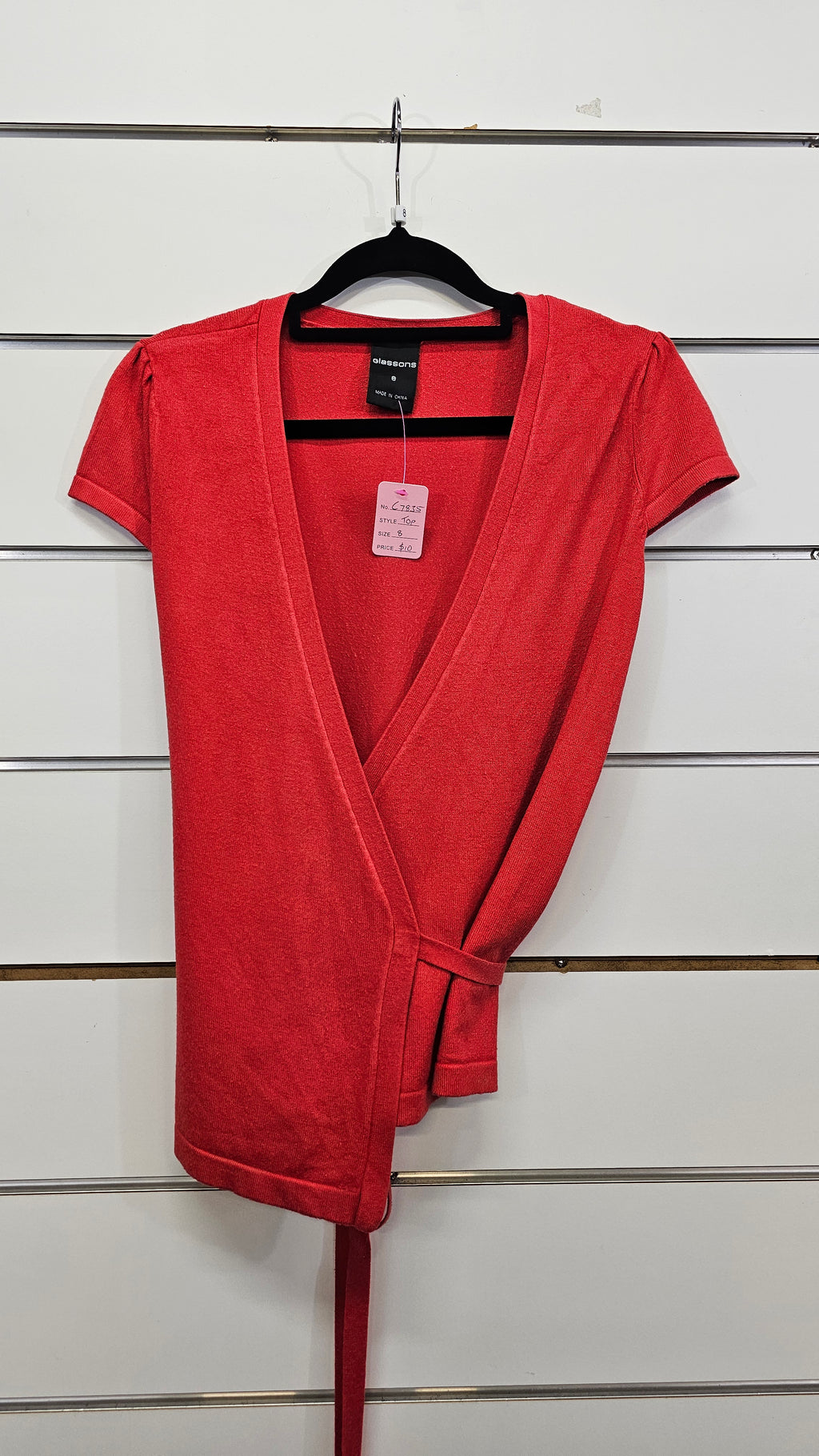 Glassons, Red, Cotton Knit Wrap Top with Cap Sleeves – 8