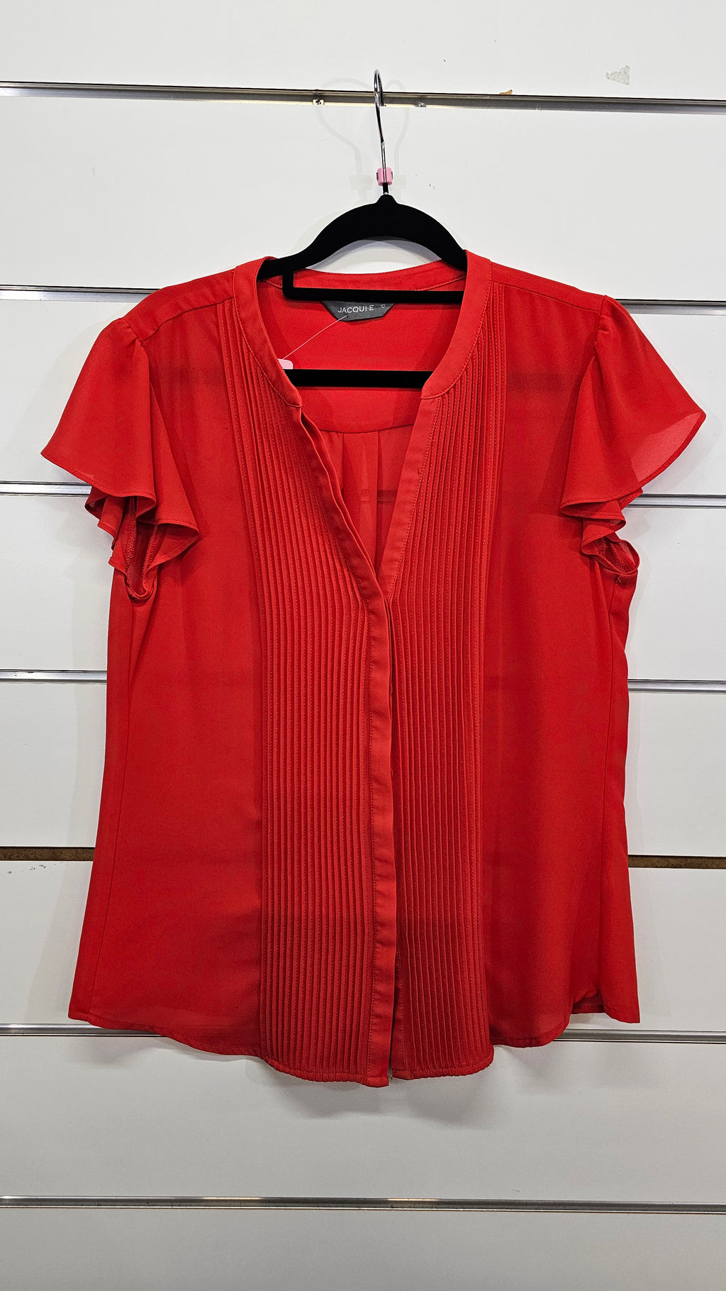 Jacqui E, Red, Chiffon Blouse with Pintuck Front & Cap Sleeves – 10