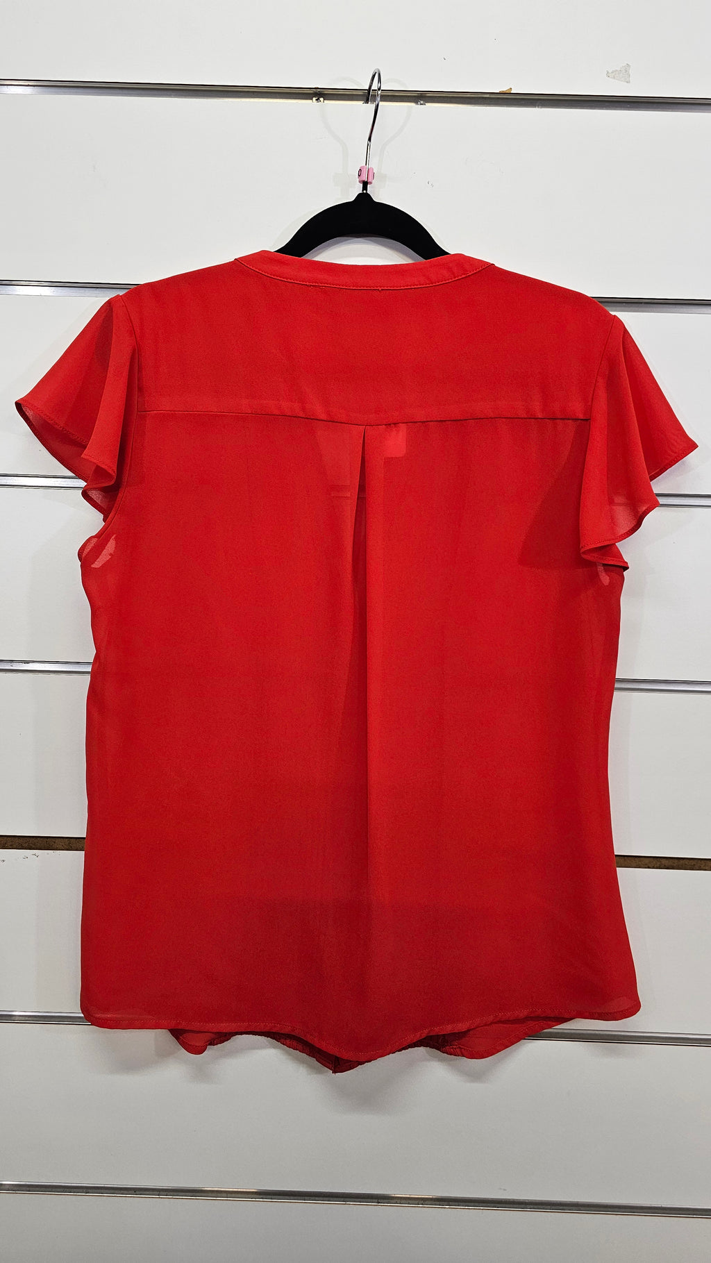 Jacqui E, Red, Chiffon Blouse with Pintuck Front & Cap Sleeves – 10