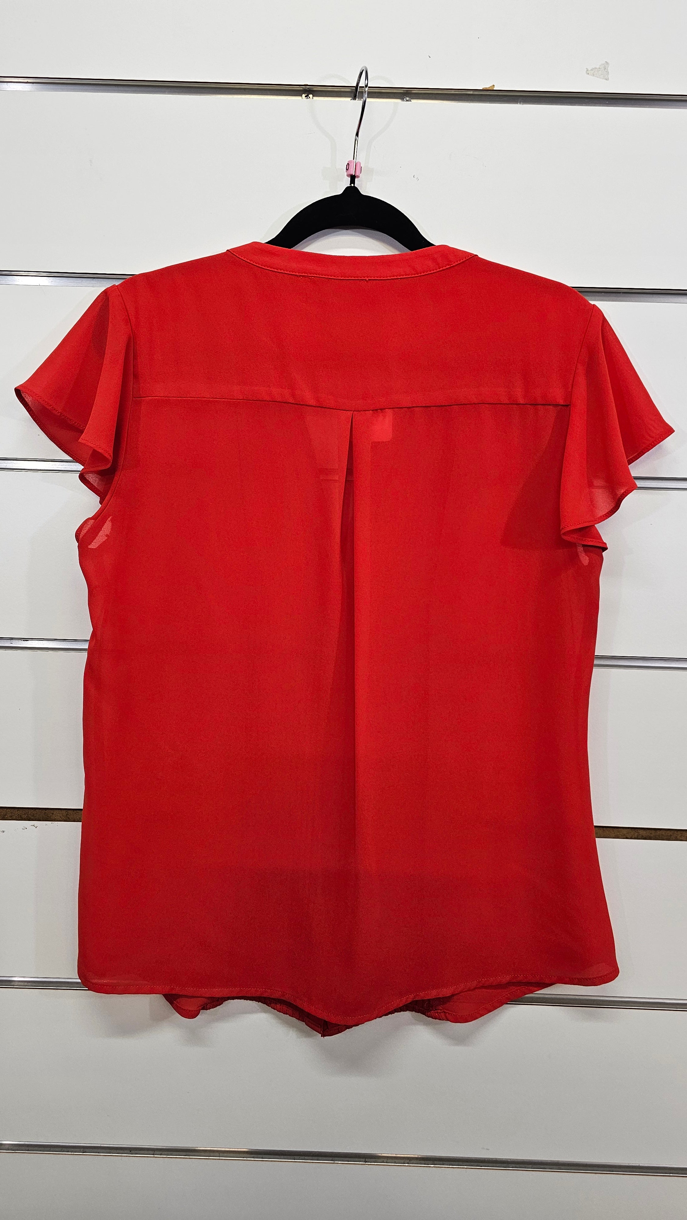 Jacqui E, Red, Chiffon Blouse with Pintuck Front & Cap Sleeves – 10