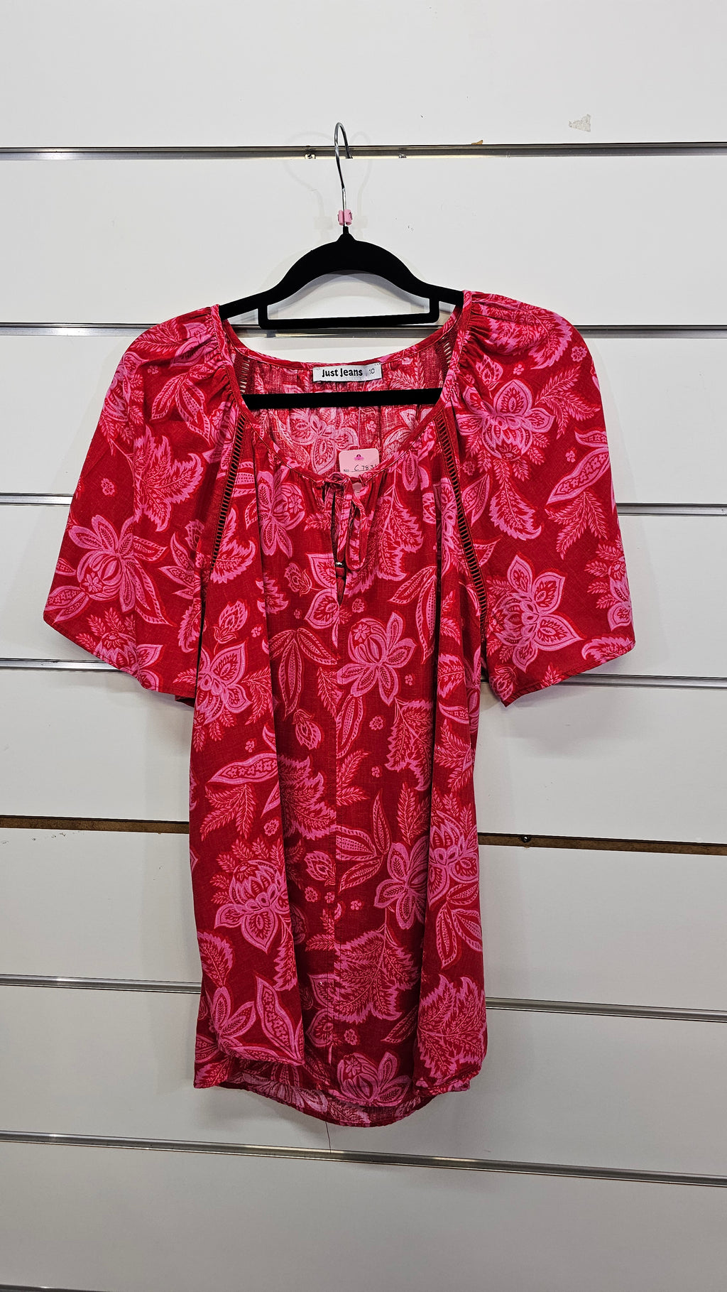 Just Jeans, Red/Pink Floral, Short Sleeve Top with Neck Tie – 10