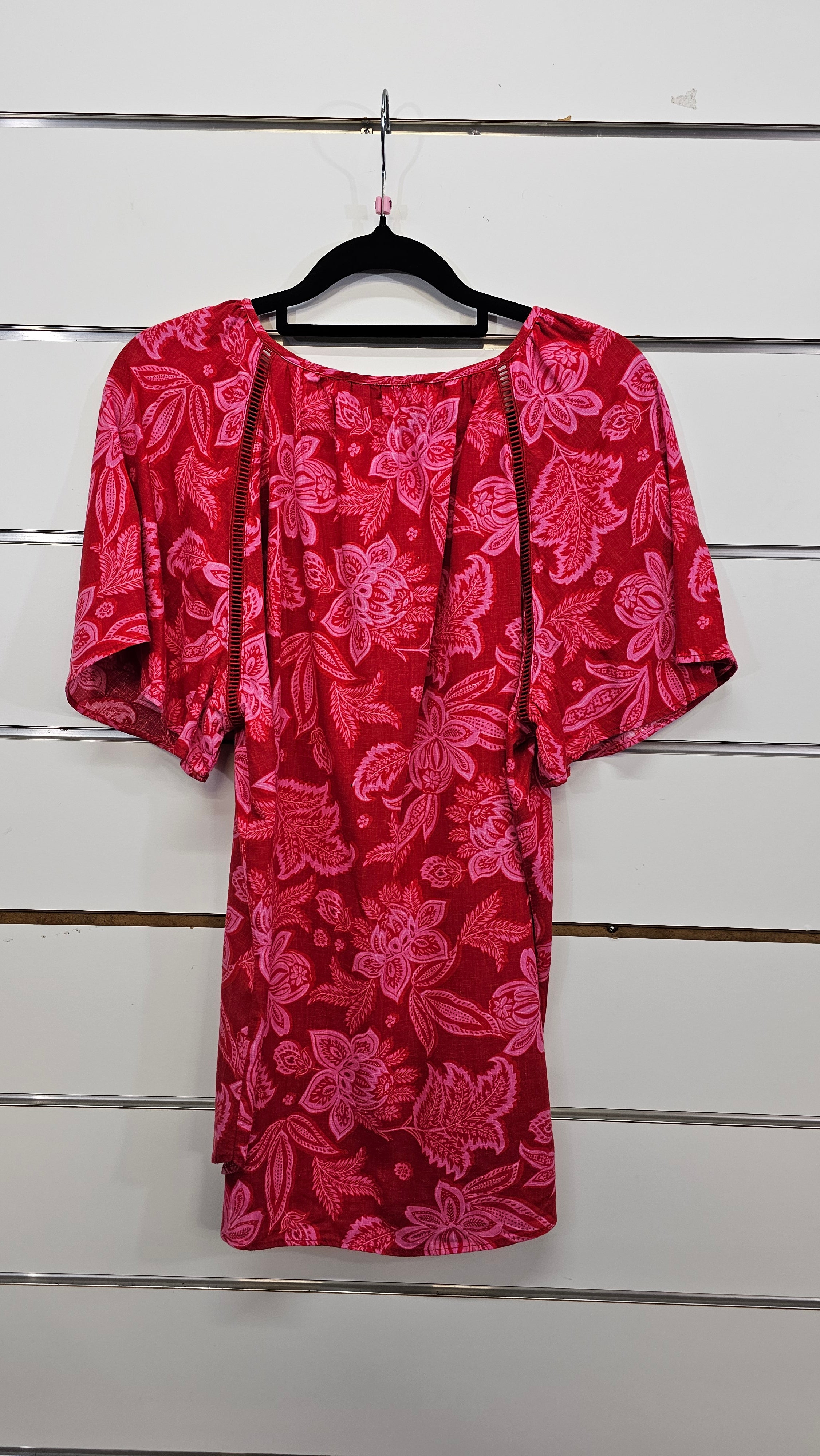 Just Jeans, Red/Pink Floral, Short Sleeve Top with Neck Tie – 10