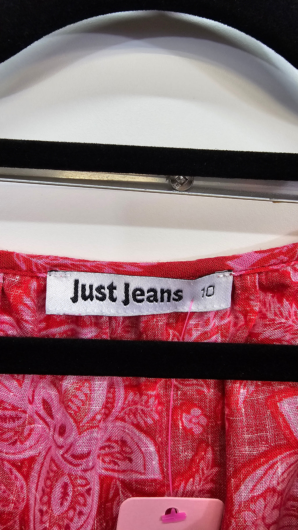 Just Jeans, Red/Pink Floral, Short Sleeve Top with Neck Tie – 10