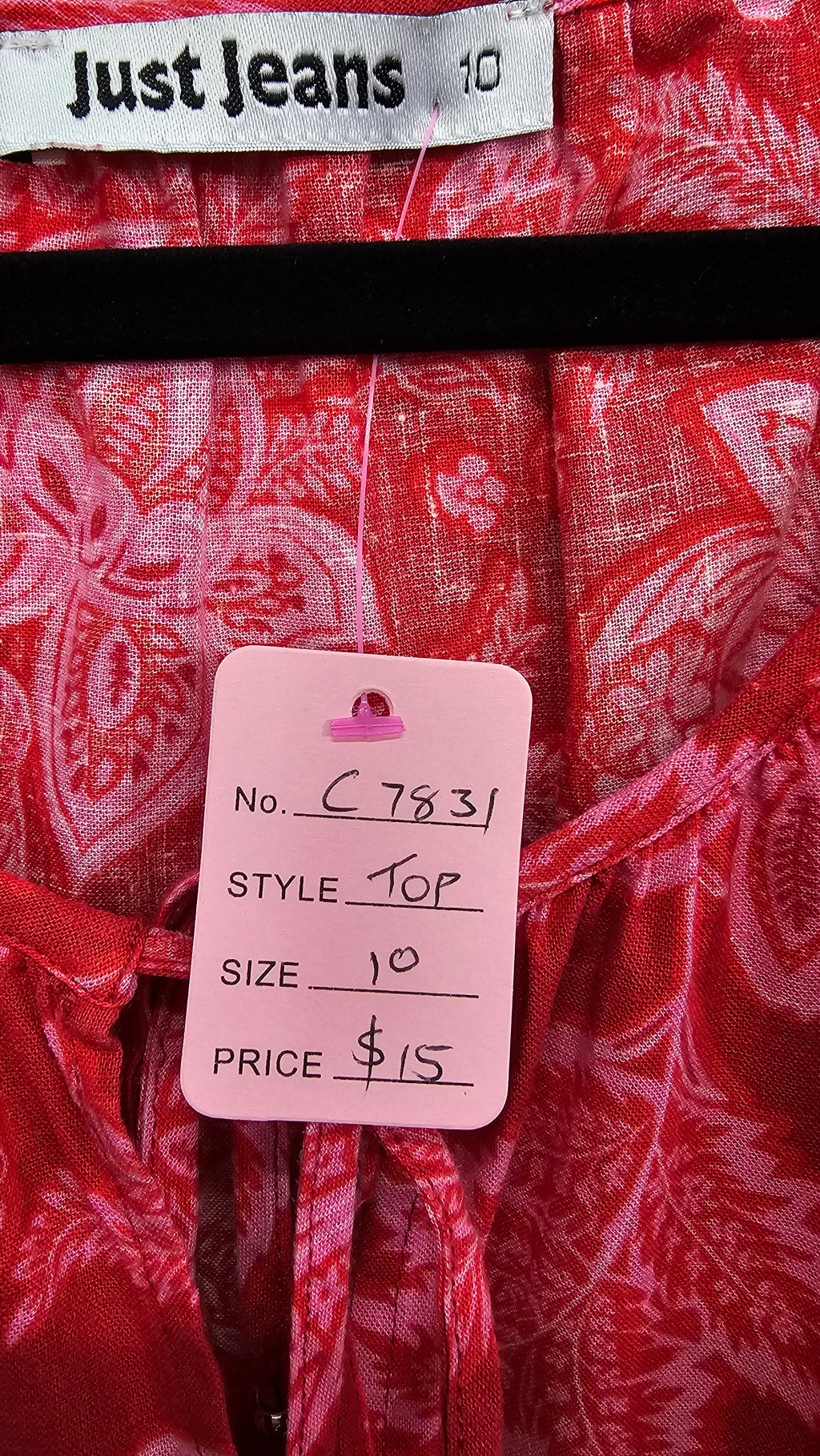 Just Jeans, Red/Pink Floral, Short Sleeve Top with Neck Tie – 10