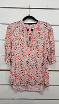 Leila-Luca, Peach Floral, Short Sleeve Floral Top with Neck Tie & Puff Sleeves – 10