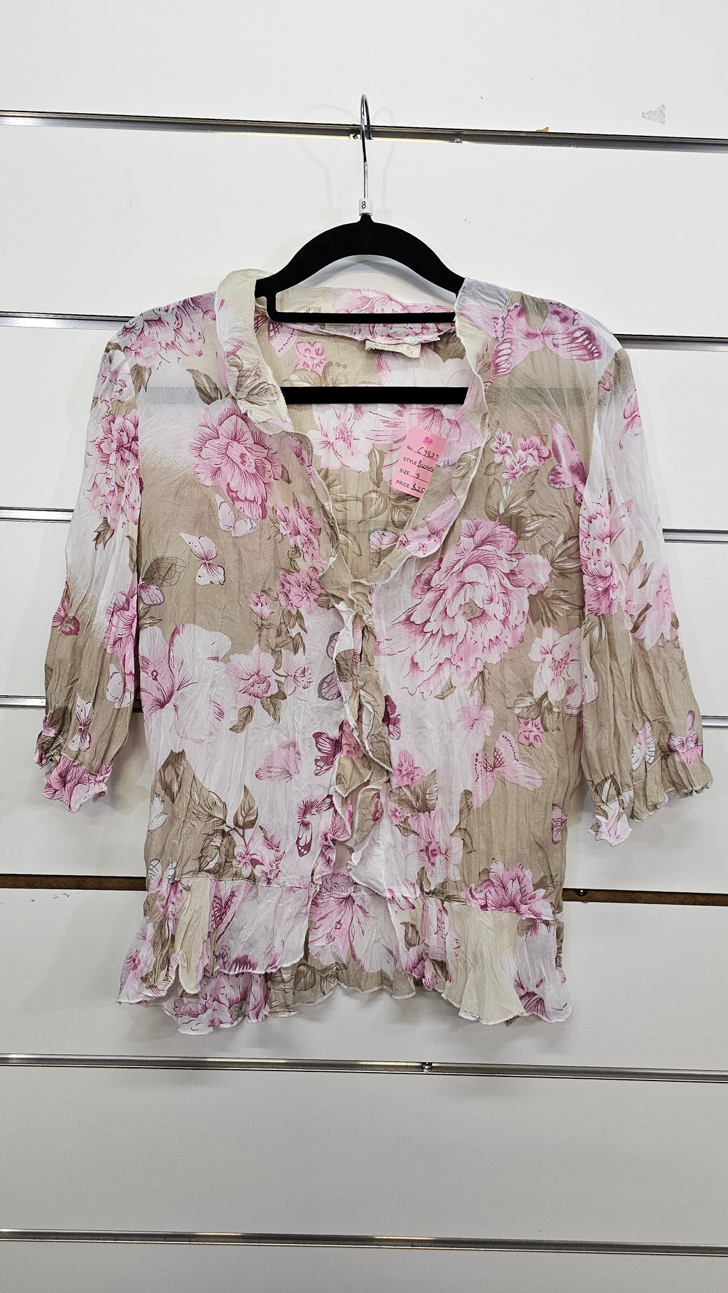 Aurora, Taupe Floral, Crinkle Ruffle Front Blouse, 3/4 Sleeve – 8