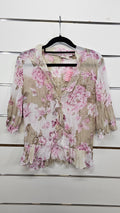 Aurora, Taupe Floral, Crinkle Ruffle Front Blouse, 3/4 Sleeve – 8