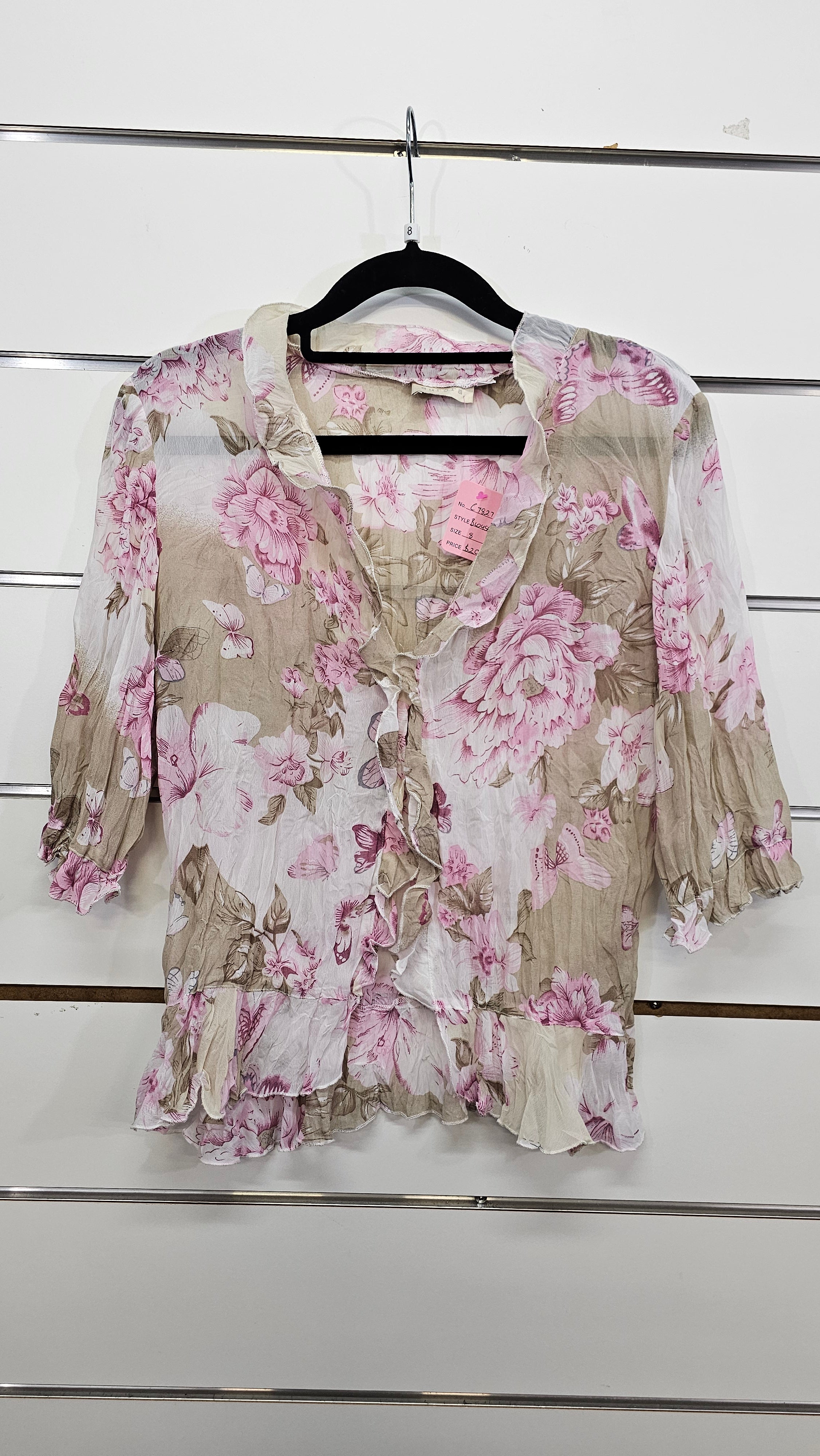Aurora, Taupe Floral, Crinkle Ruffle Front Blouse, 3/4 Sleeve – 8