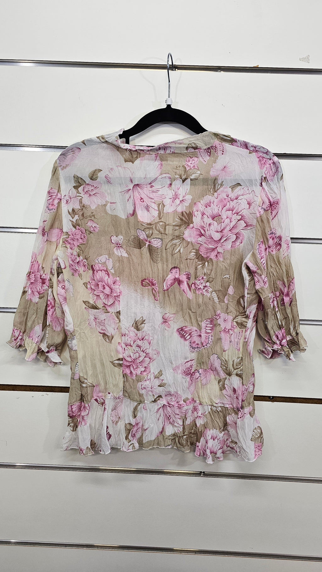 Aurora, Taupe Floral, Crinkle Ruffle Front Blouse, 3/4 Sleeve – 8