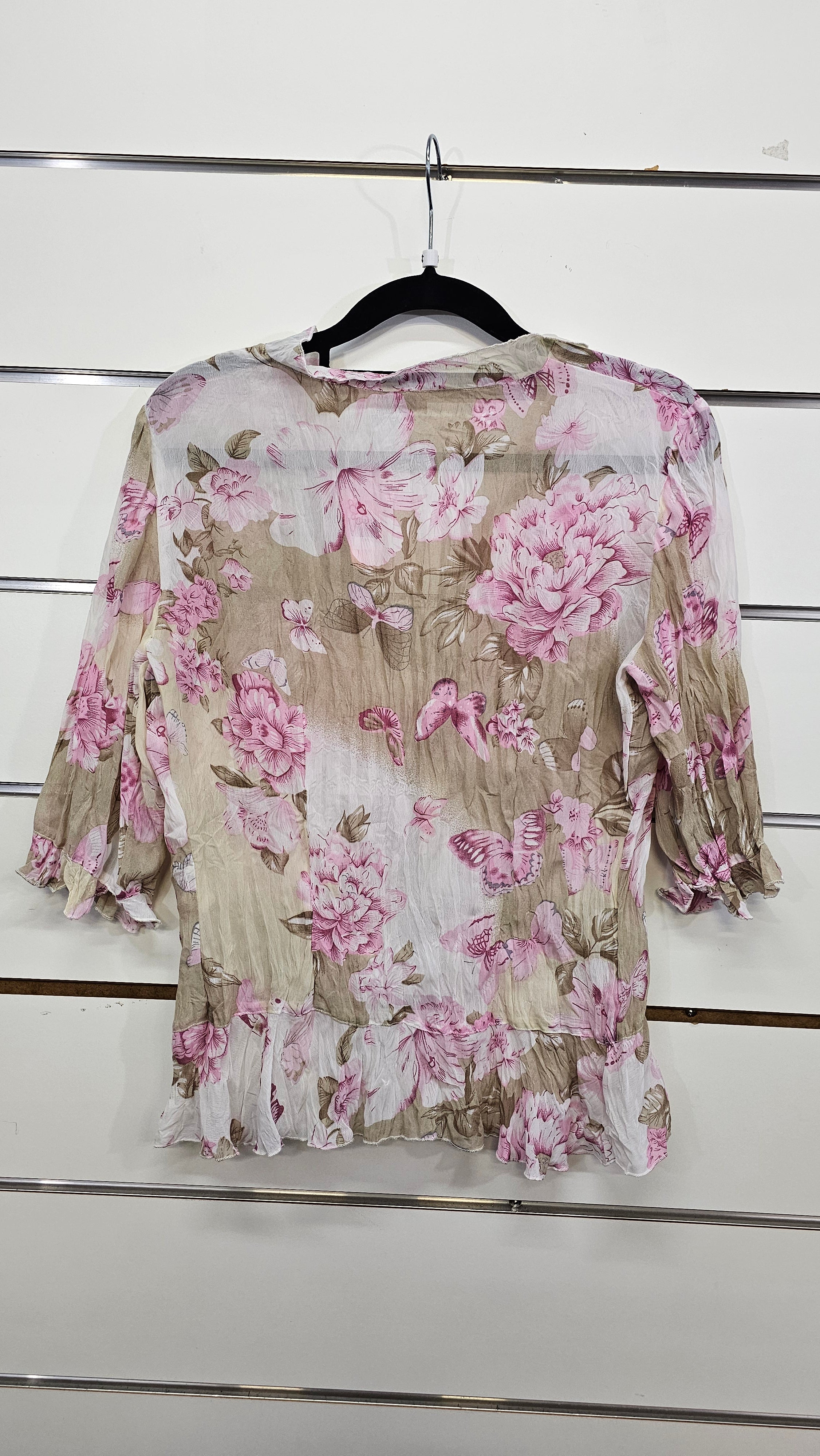 Aurora, Taupe Floral, Crinkle Ruffle Front Blouse, 3/4 Sleeve – 8