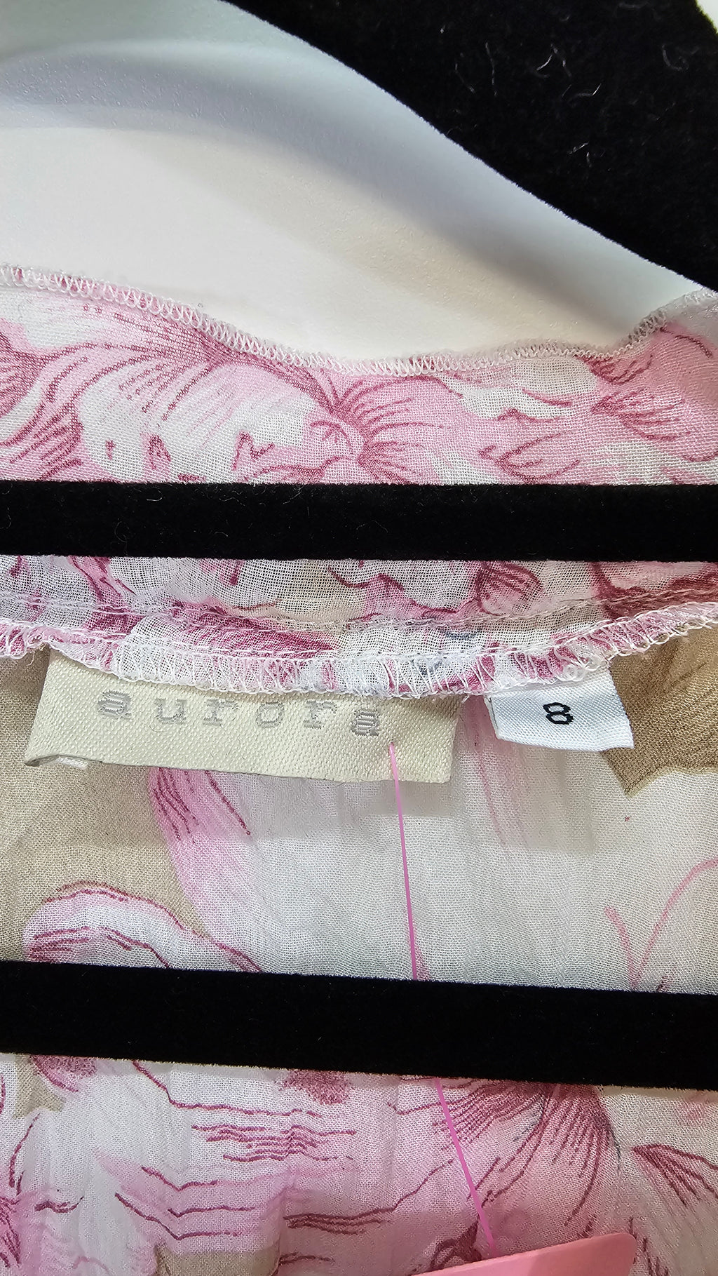 Aurora, Taupe Floral, Crinkle Ruffle Front Blouse, 3/4 Sleeve – 8