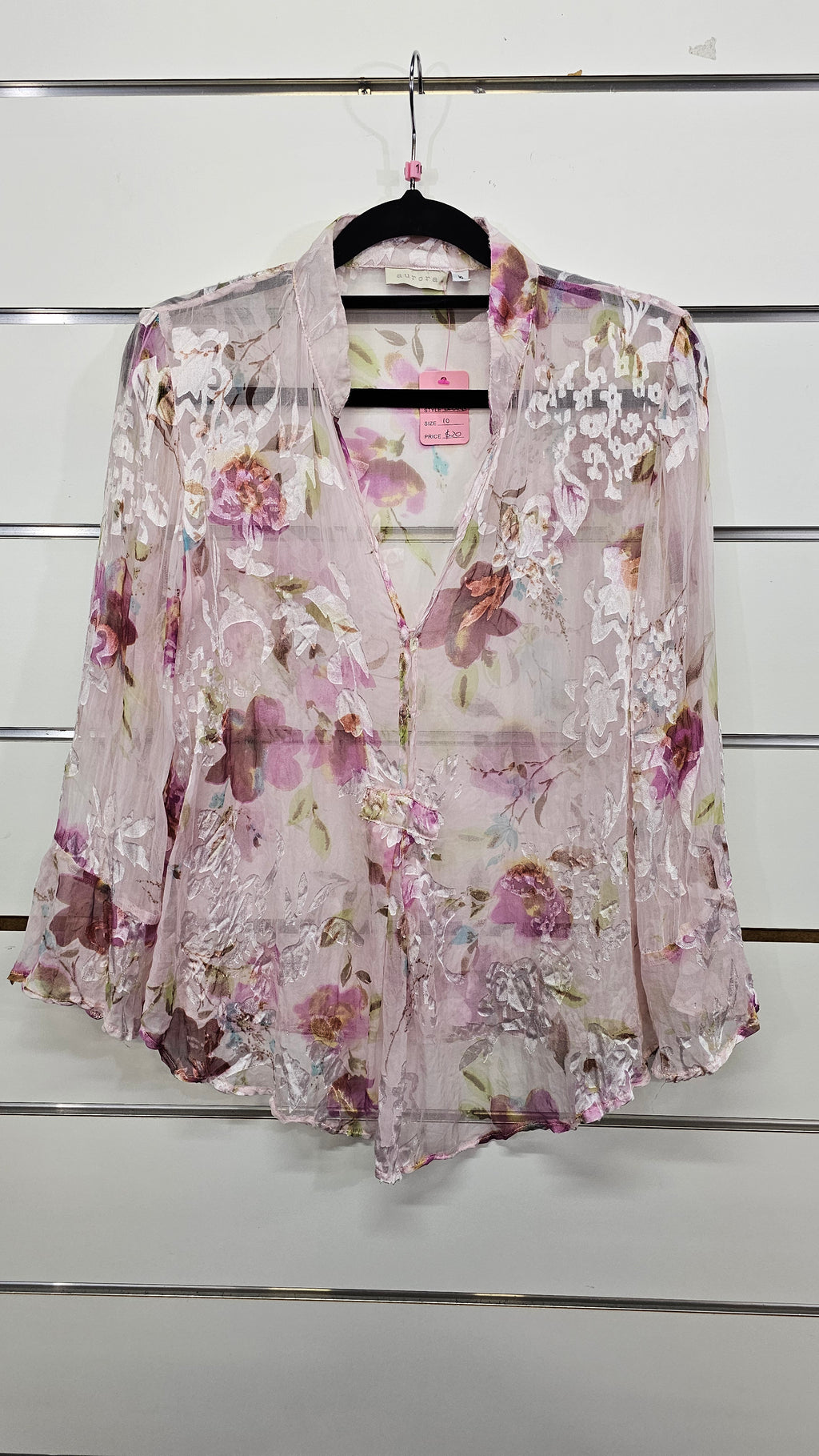 Aurora, Pink/Cream Floral, Long Sleeve Floral Blouse with Mandarin Collar – 10