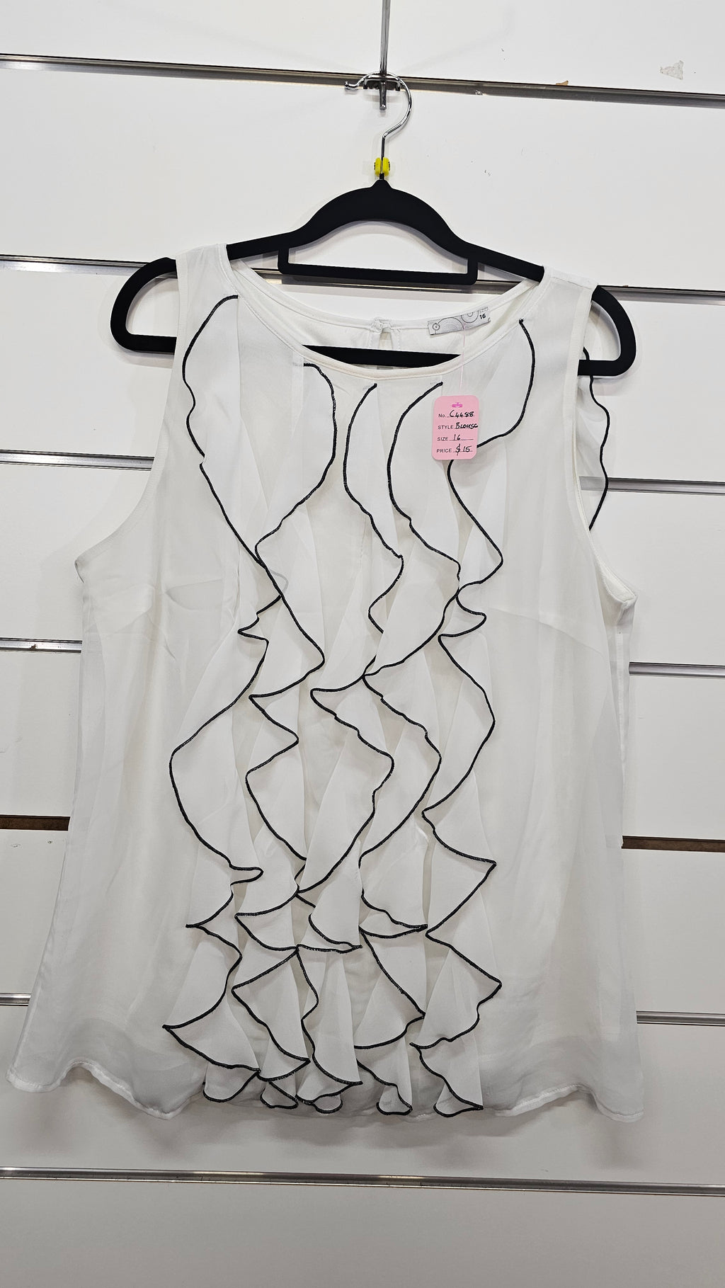 White/Black Chiffon Top with Black Trim - 16