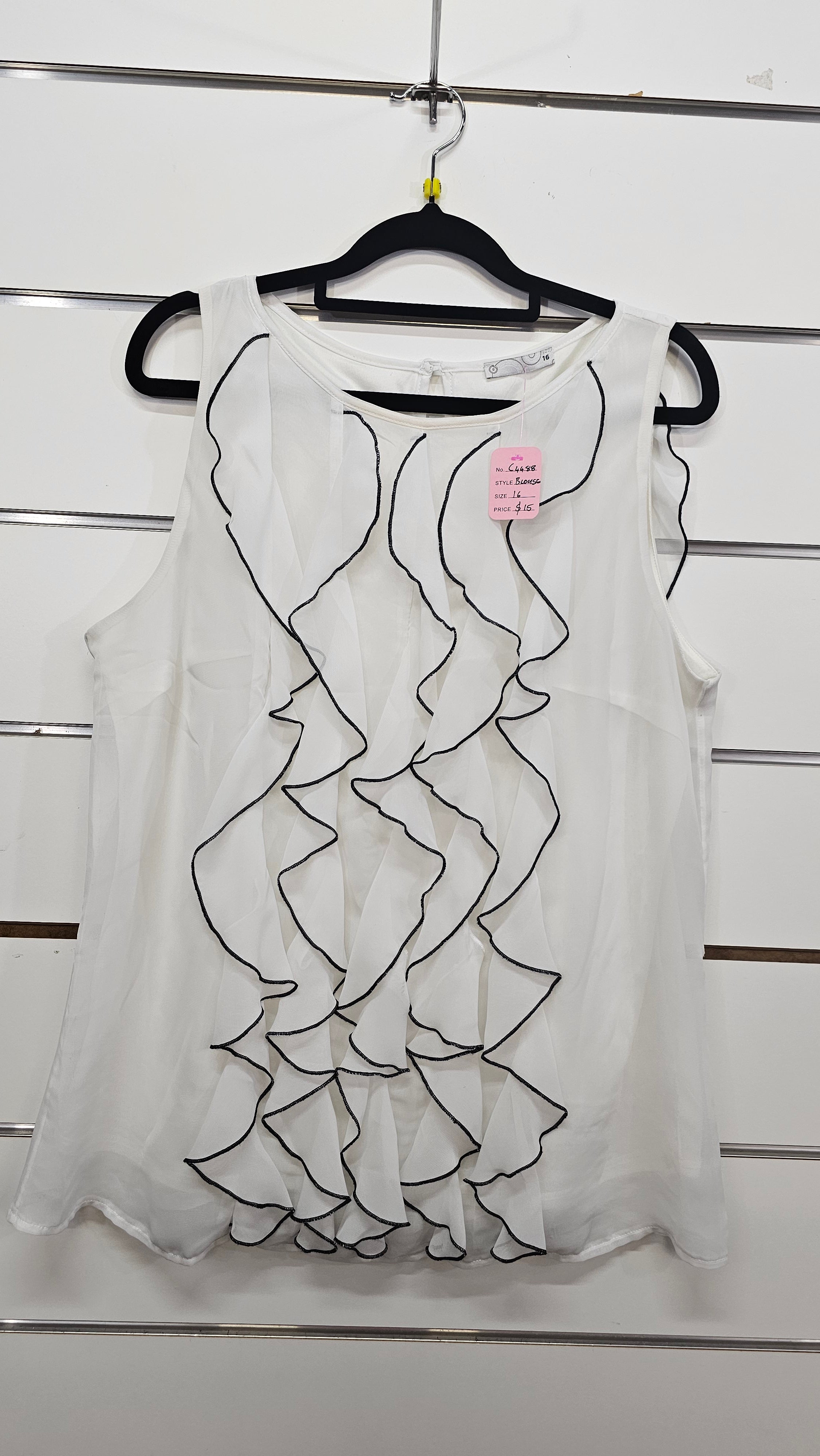 White/Black Chiffon Top with Black Trim - 16
