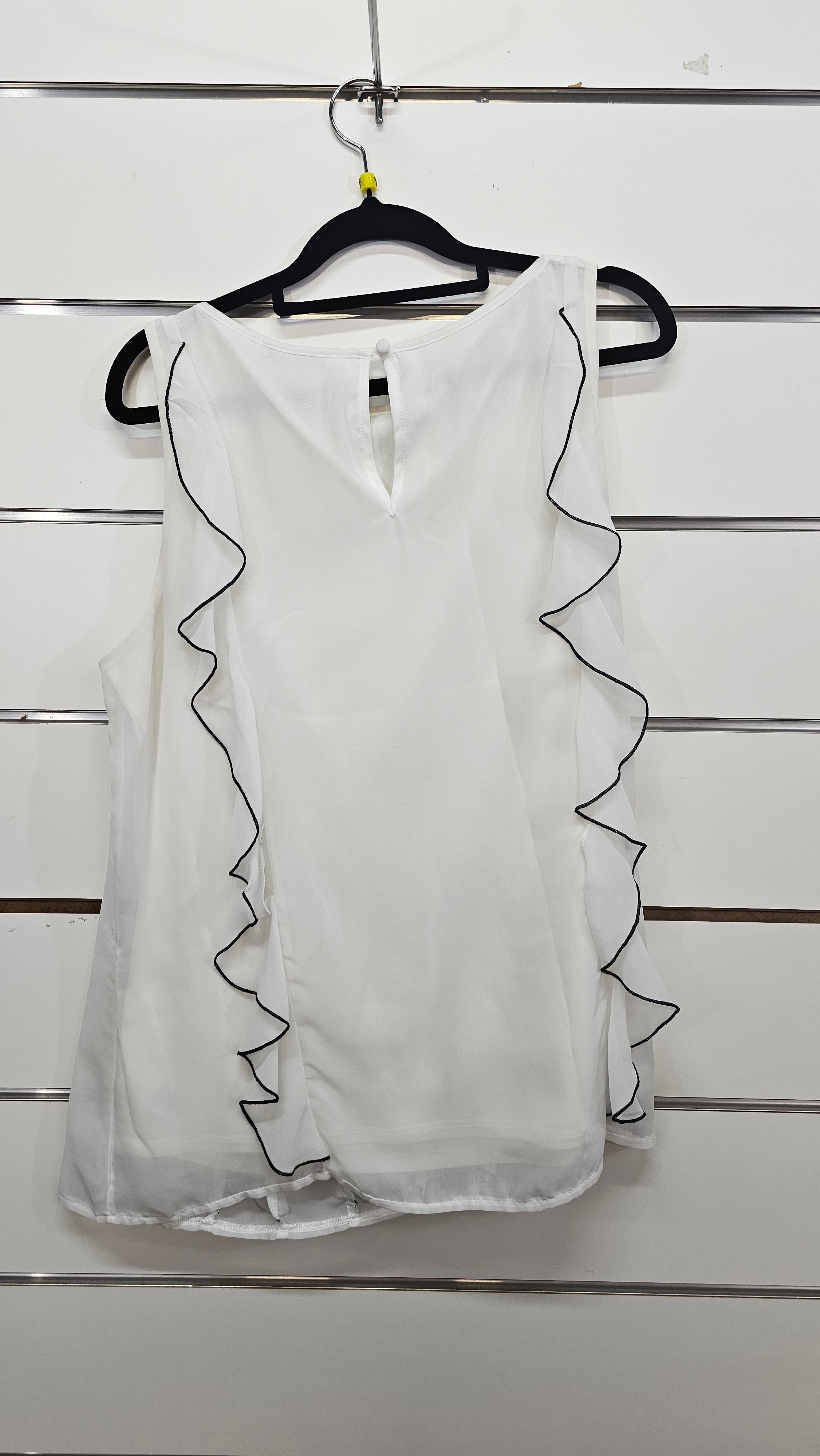 White/Black Chiffon Top with Black Trim - 16