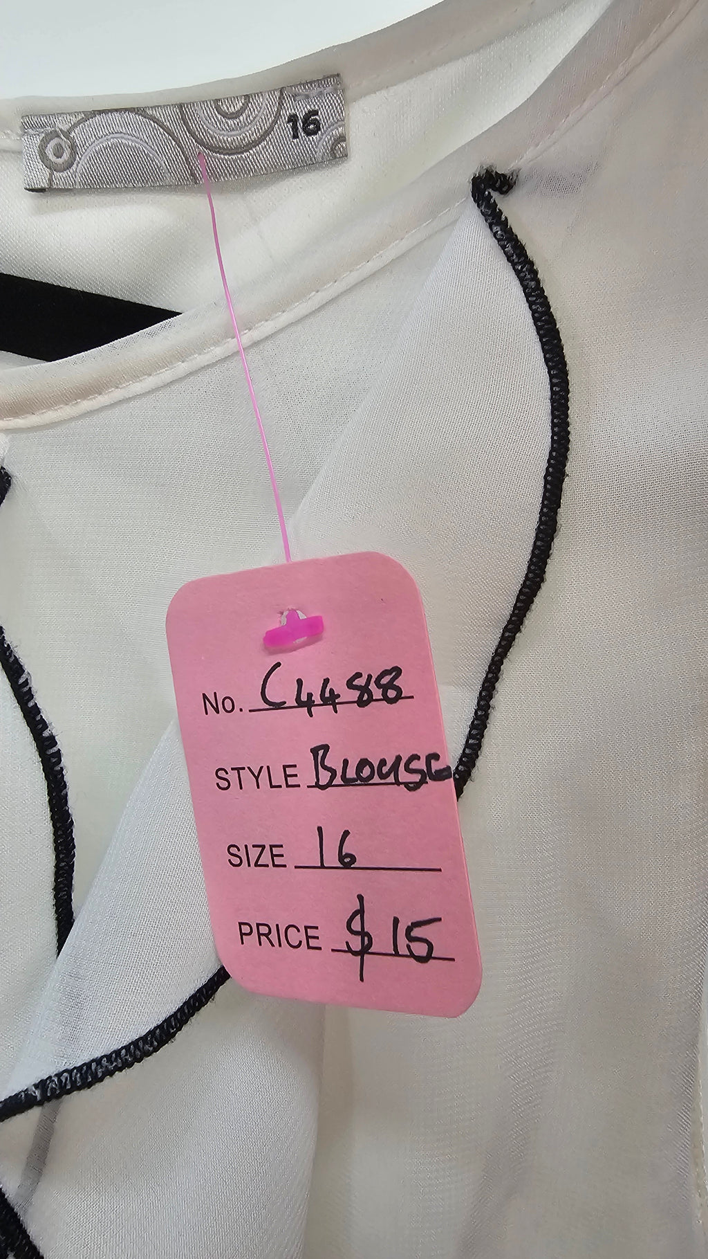 White/Black Chiffon Top with Black Trim - 16