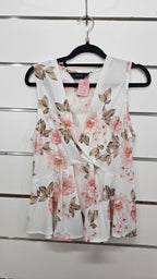 Pagani, White/Peach/Green, Floral Frill Blouse – 10