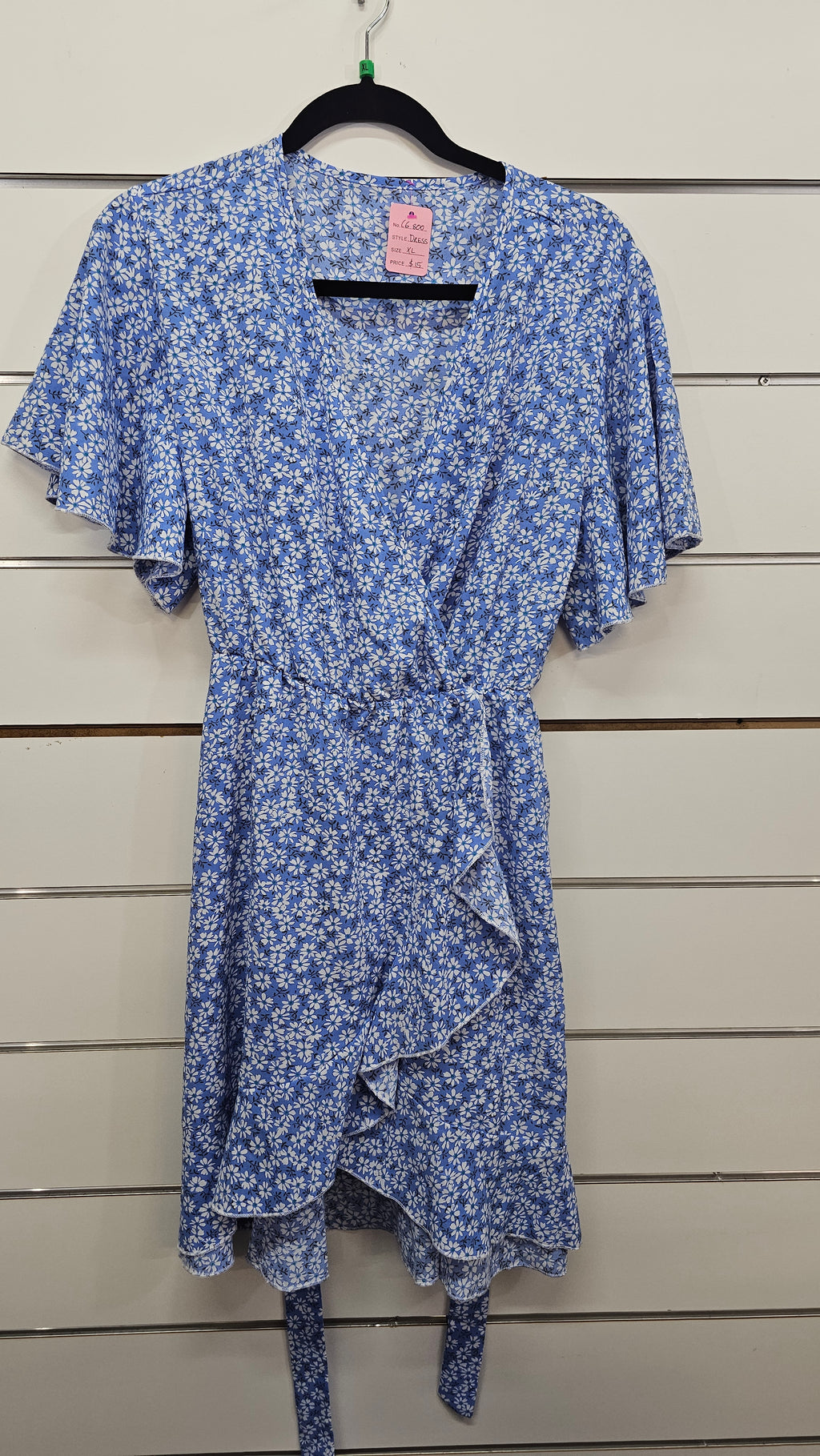 Floral Blue Short Sleeve Bell Sleeve Midi Wrap Dress - XL