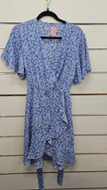 Floral Blue Short Sleeve Bell Sleeve Midi Wrap Dress - XL