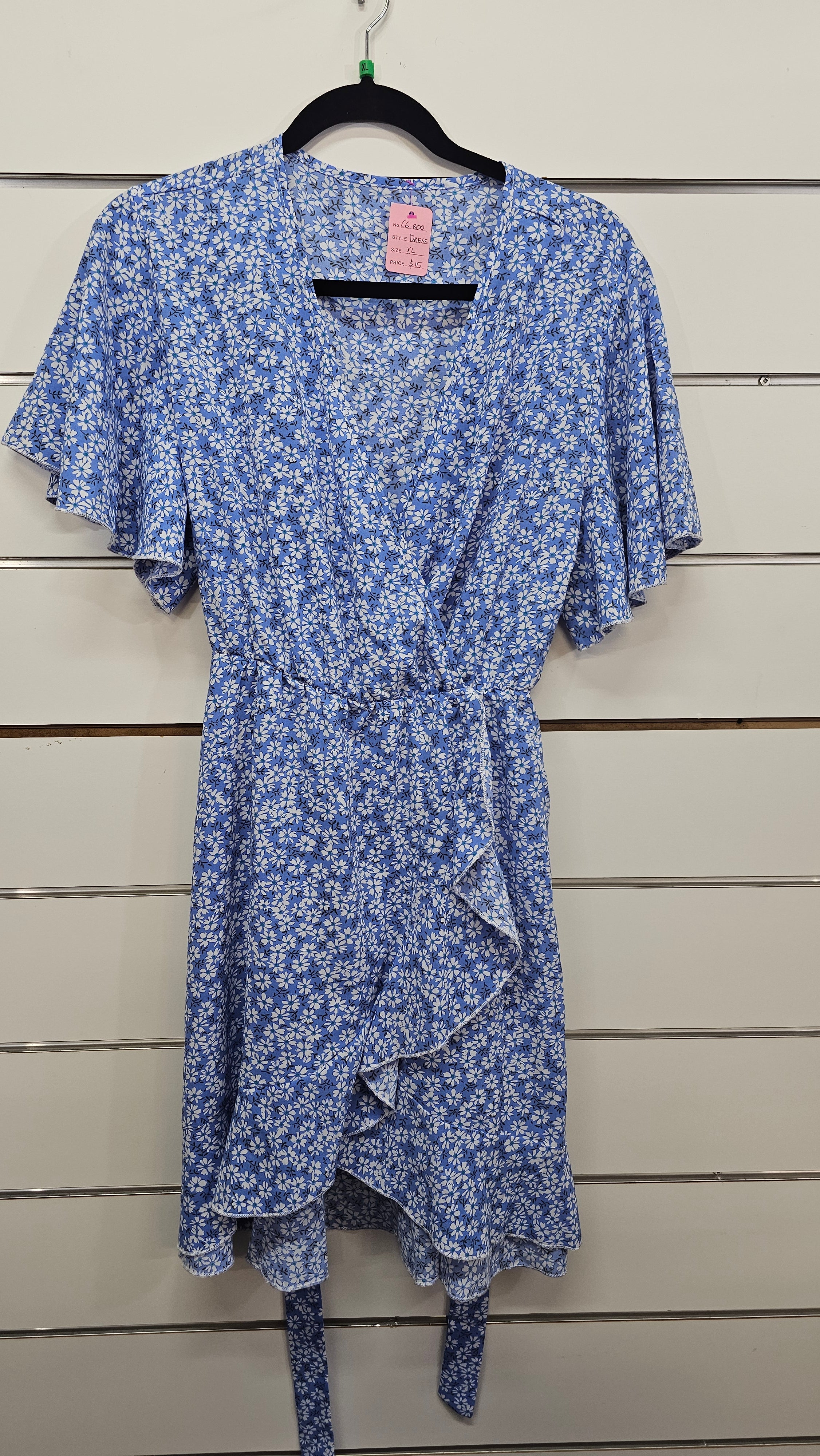 Floral Blue Short Sleeve Bell Sleeve Midi Wrap Dress - XL
