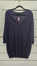 K&K, Navy, Top with Pearls Around Neckline – L