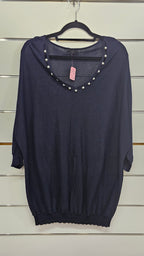 K&K, Navy, Top with Pearls Around Neckline – L