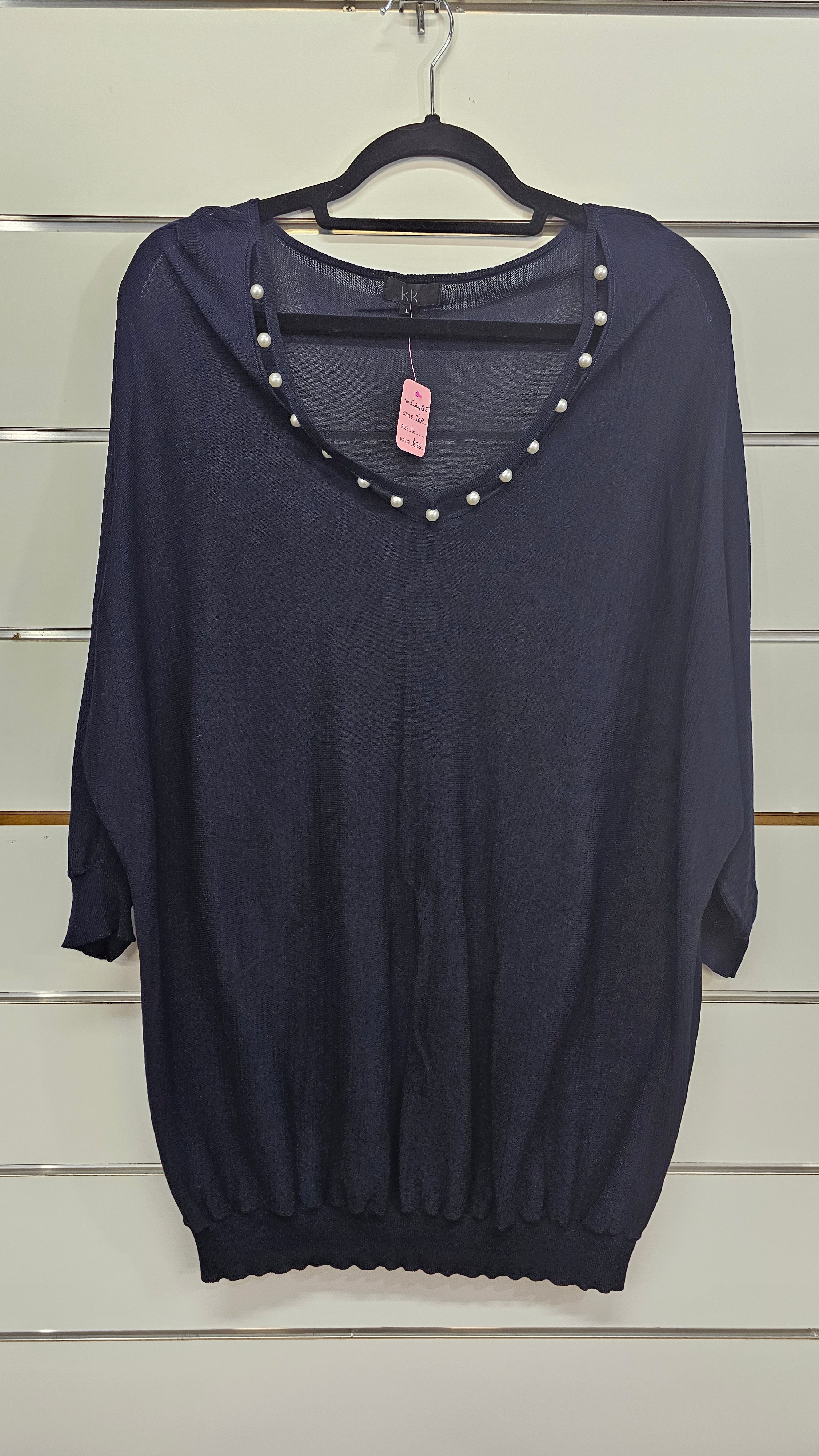 K&K, Navy, Top with Pearls Around Neckline – L