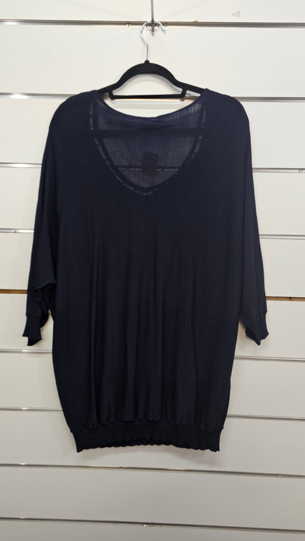 K&K, Navy, Top with Pearls Around Neckline – L
