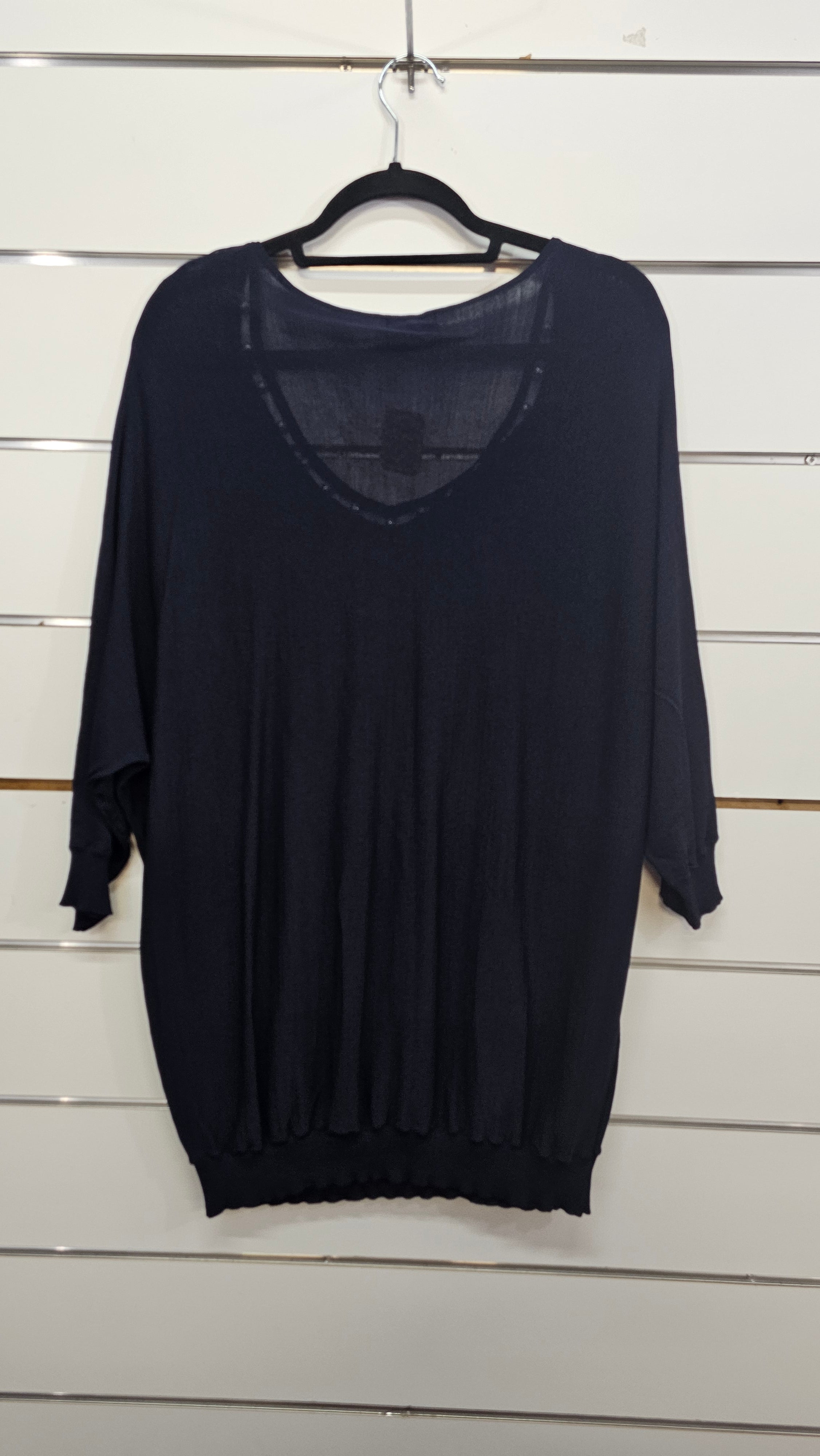 K&K, Navy, Top with Pearls Around Neckline – L
