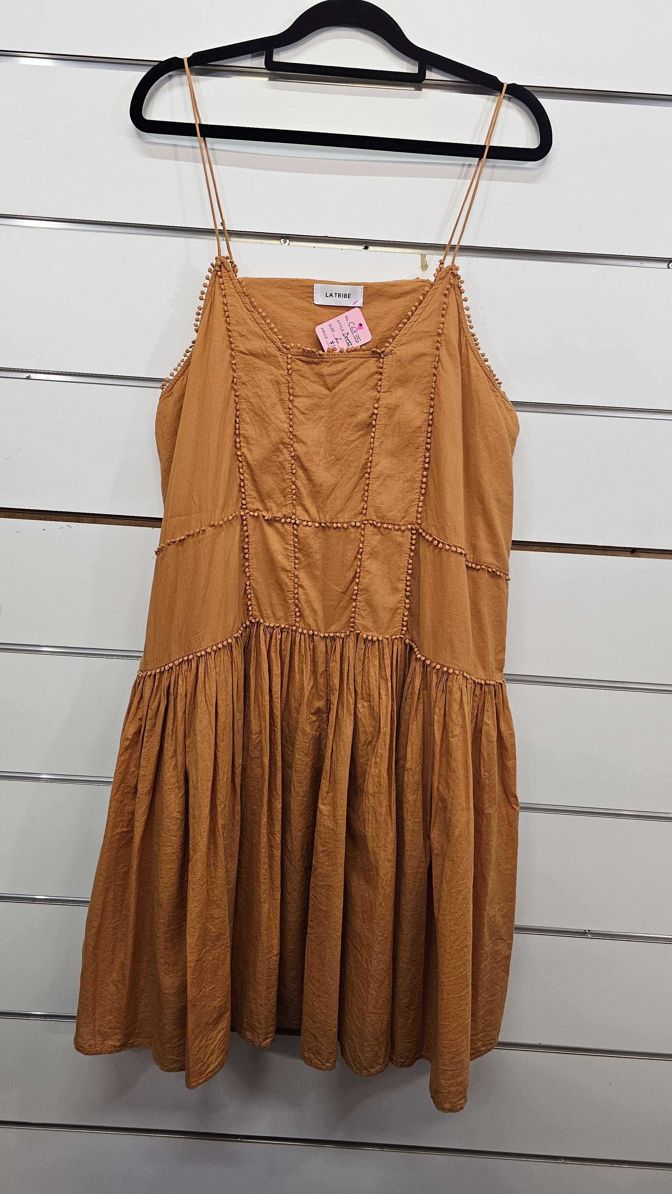 LA Tribe Mustard Cotton Shoestring Strap Dress – L