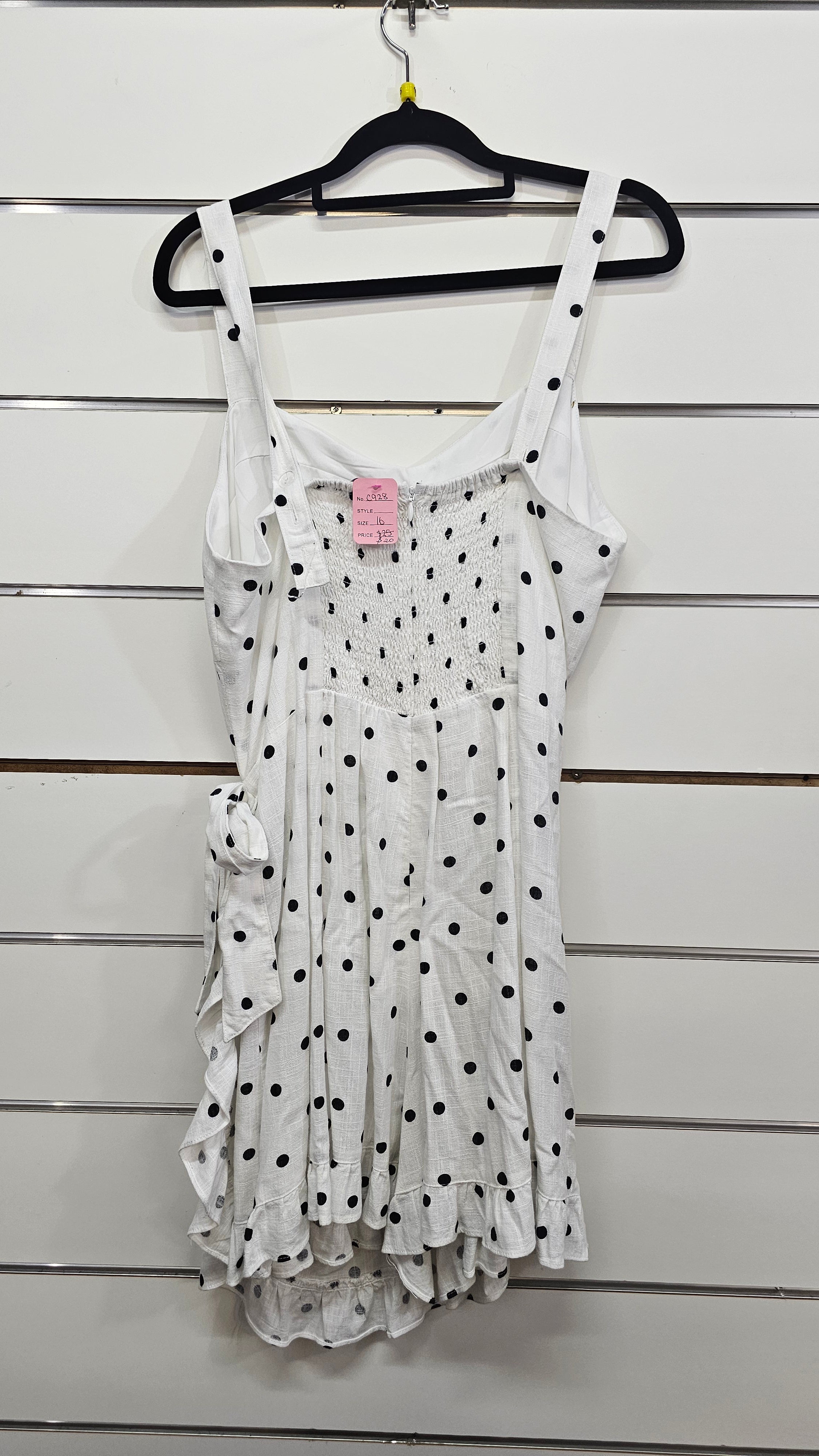 Dotti Black & White Spot Wrap Linen Strapped Bodice Dress - 16
