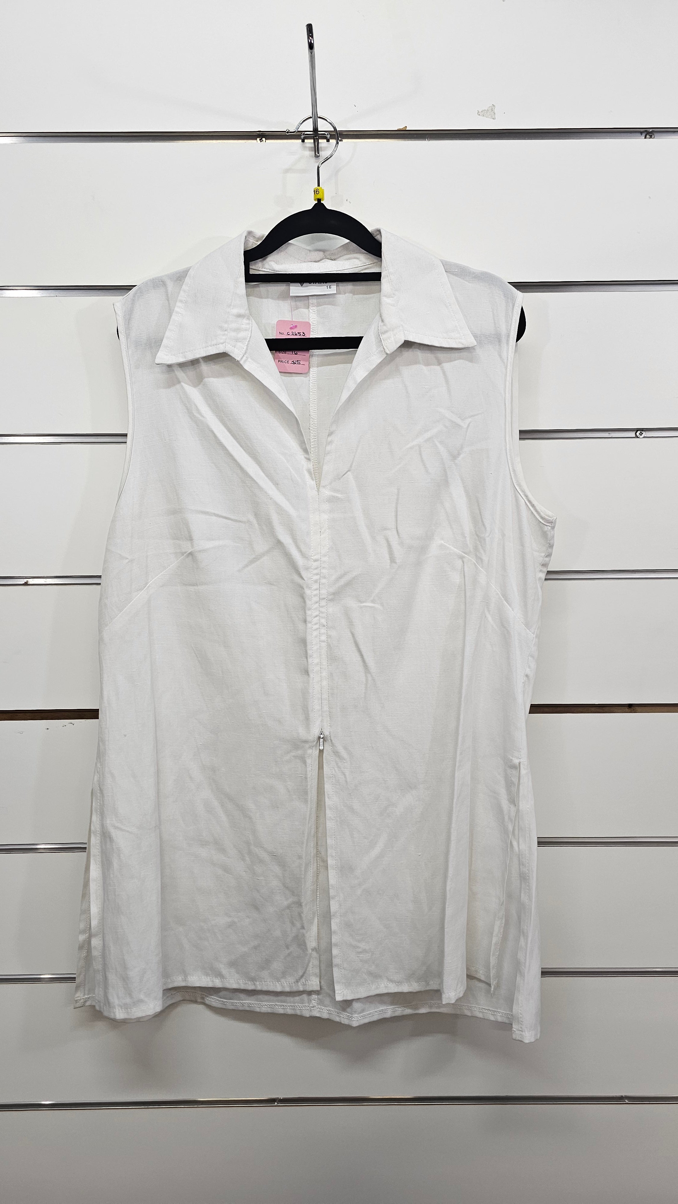 Stax White Linen Sleeveless Shirt with Zip-Up Detail - 16
