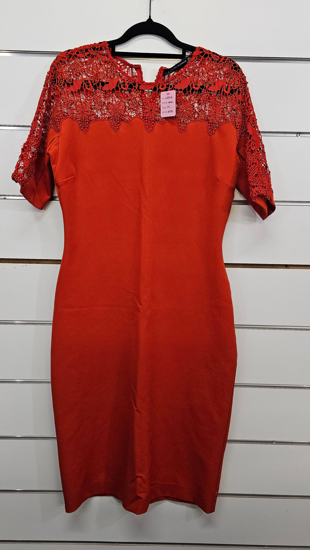 Zara Women Orange Orange lace neck & sleeve - Straight fitted dress - M