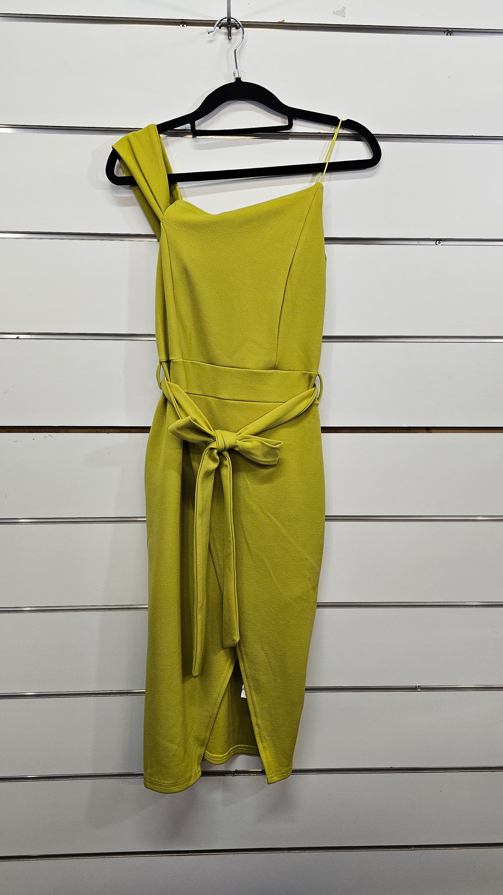 Boohoo Chartreuse Dress with belt, spaghetti strap on one shoulder - 8
