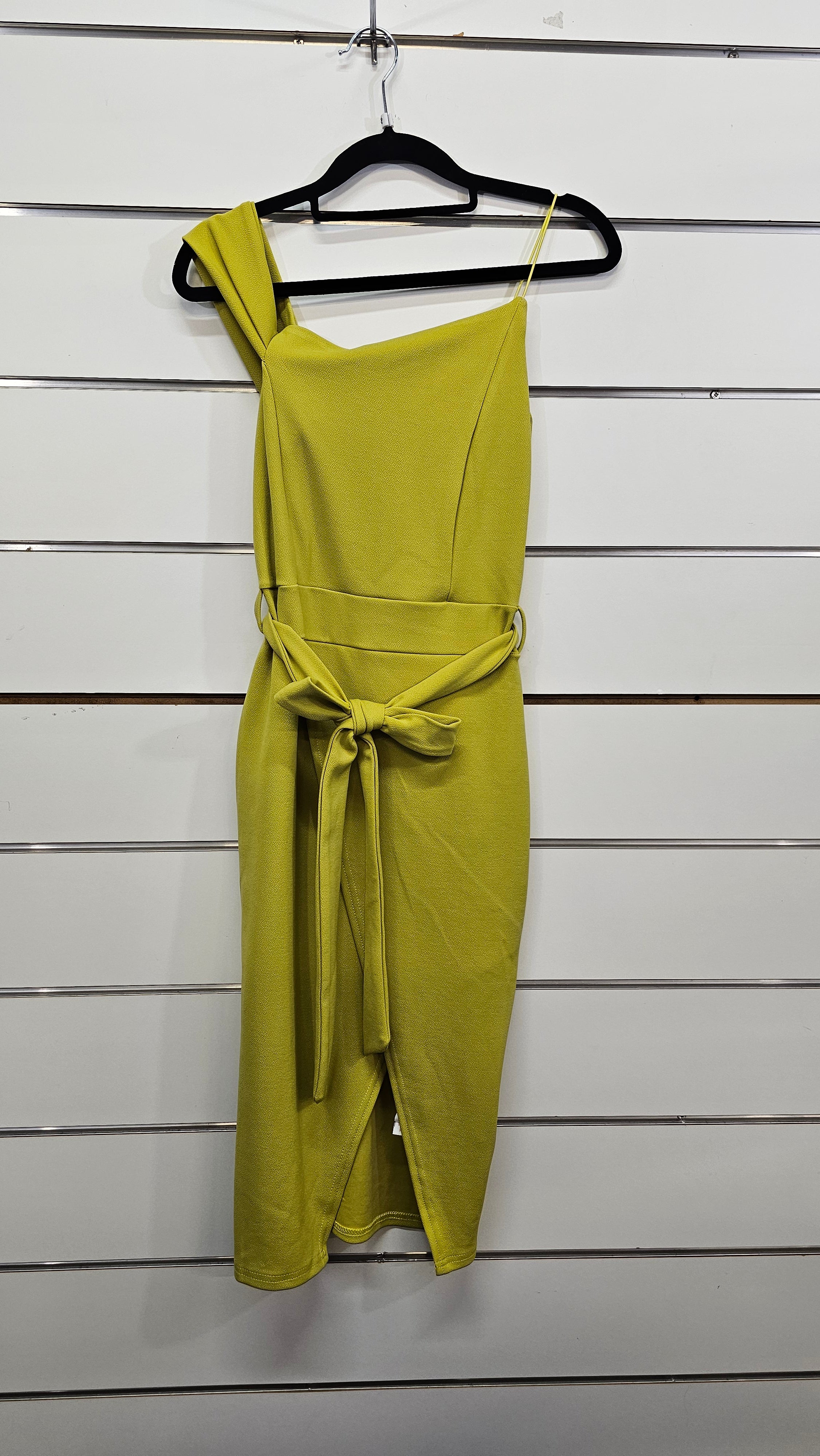 Boohoo Chartreuse Dress with belt, spaghetti strap on one shoulder - 8