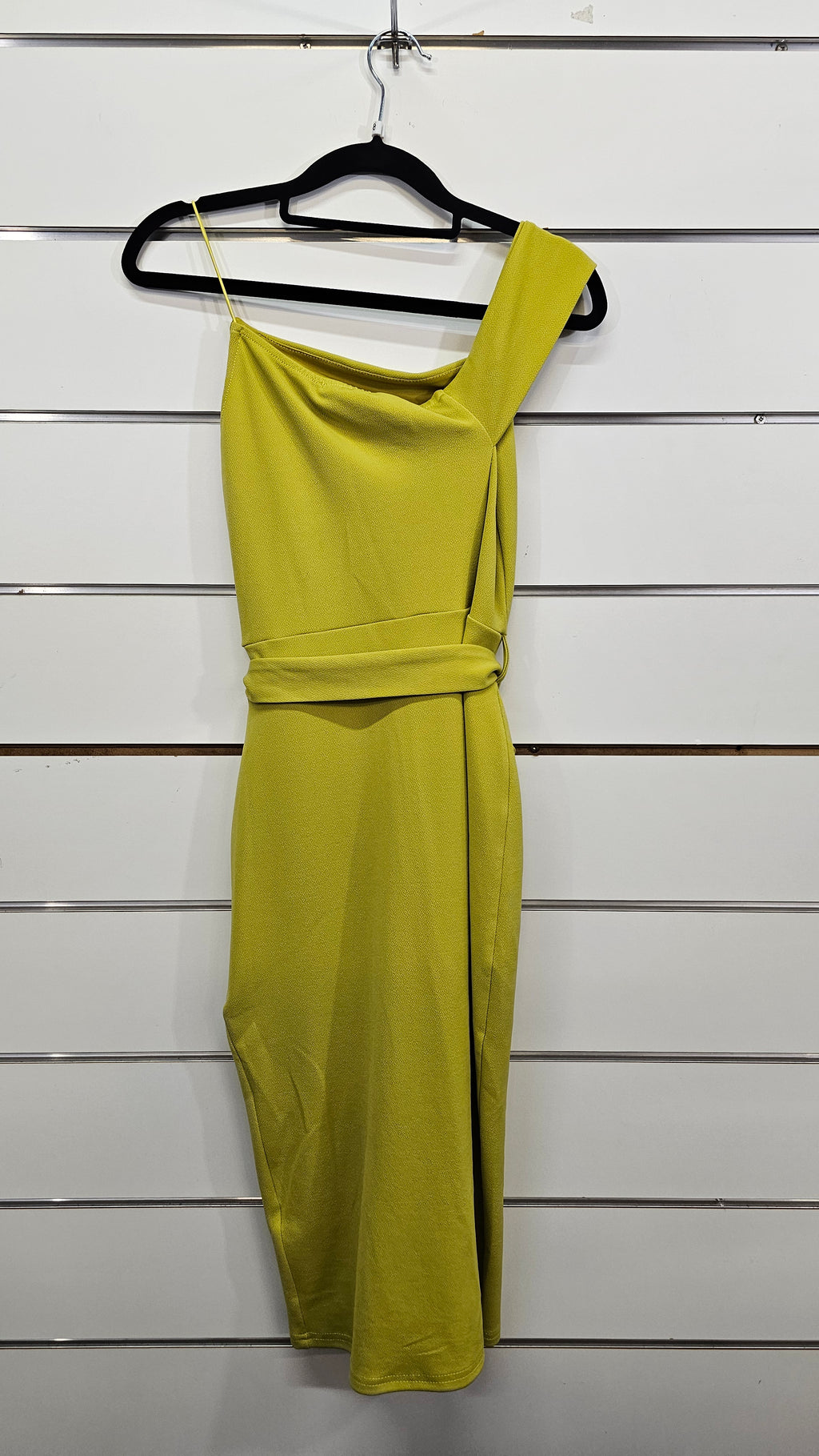 Boohoo Chartreuse Dress with belt, spaghetti strap on one shoulder - 8