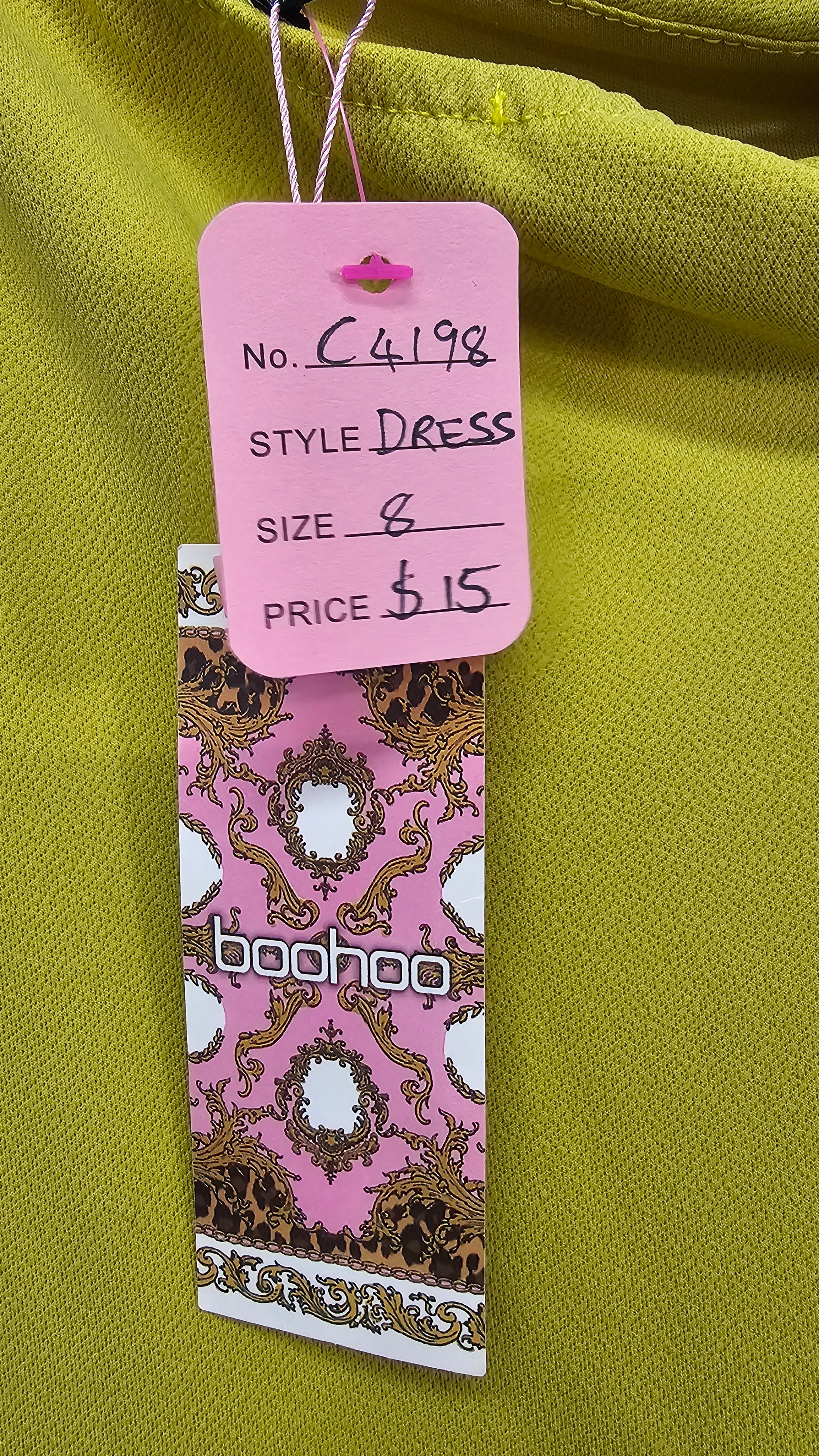 Boohoo Chartreuse Dress with belt, spaghetti strap on one shoulder - 8