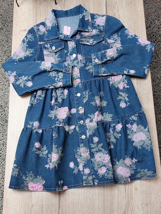 Denim Floral Dress - L