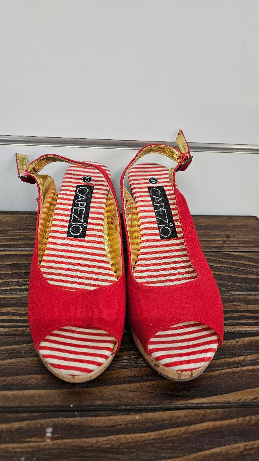 Capezio Red Wedge Heel Cork Linen Peeptoe - 5