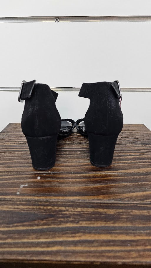 Style Express Black Suede Ankle Strap Block Heel Peeptoe - 5